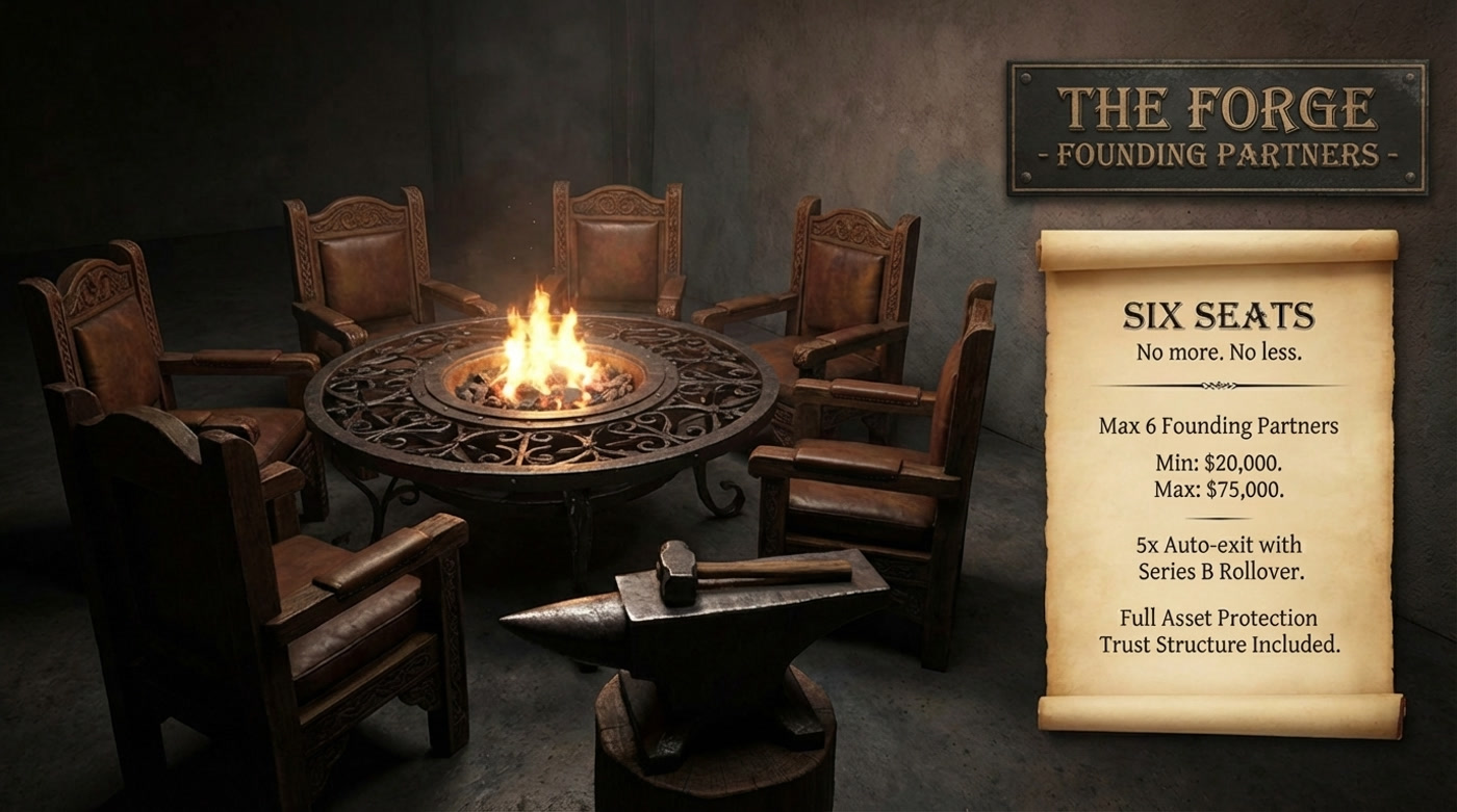 The Forge -- six founding partner seats around the fire
